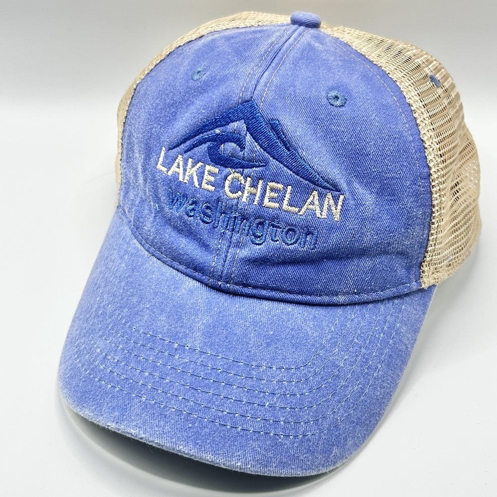 Lake Chelan Washington Mountains Trucker Hat Cap Snapback Adjustable Blue Casual